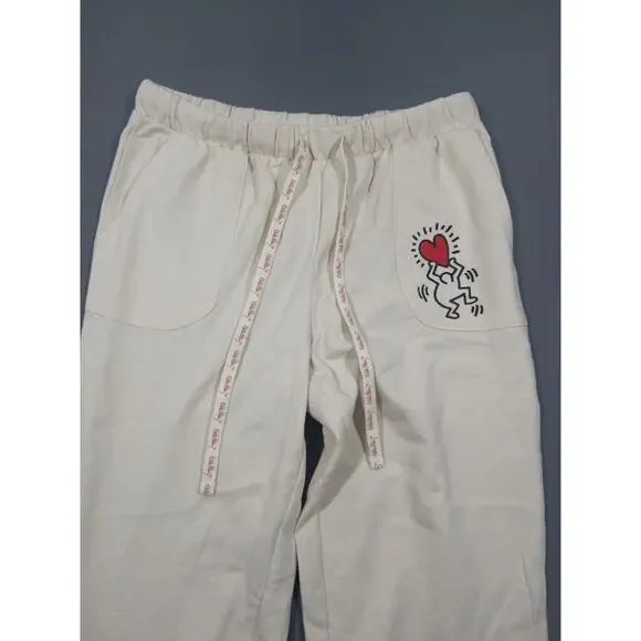 Keith Haring Jogger Lounge Pants Womens Small Cream Graphic Heart Sleepwear - Picture 3 of 9